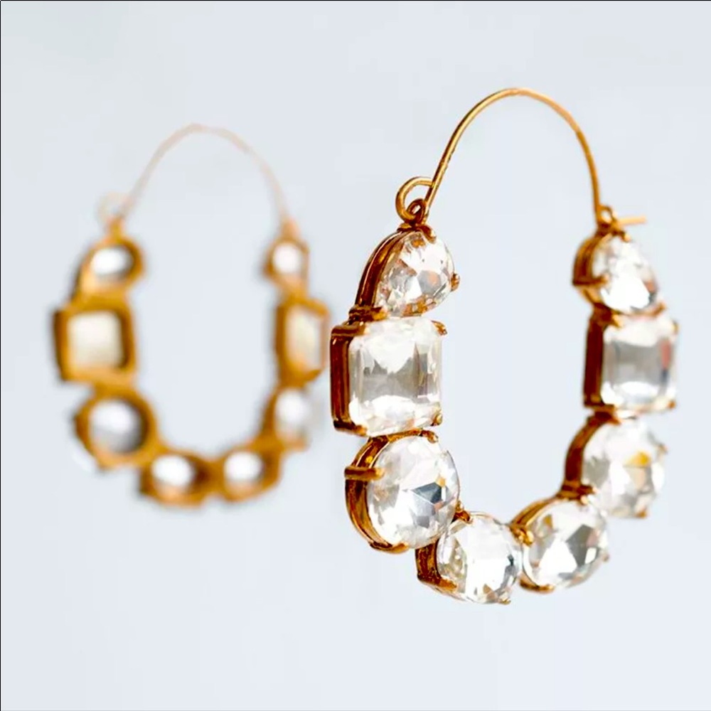 Zara Geometric Rhinestone Gold Hoop Earrings - Picture 2 of 5